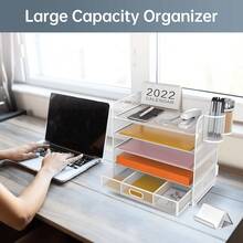 5-Tier Metal Mesh Desktop File Organizer With Handle, Drawer And Pen Holders - White - View 4