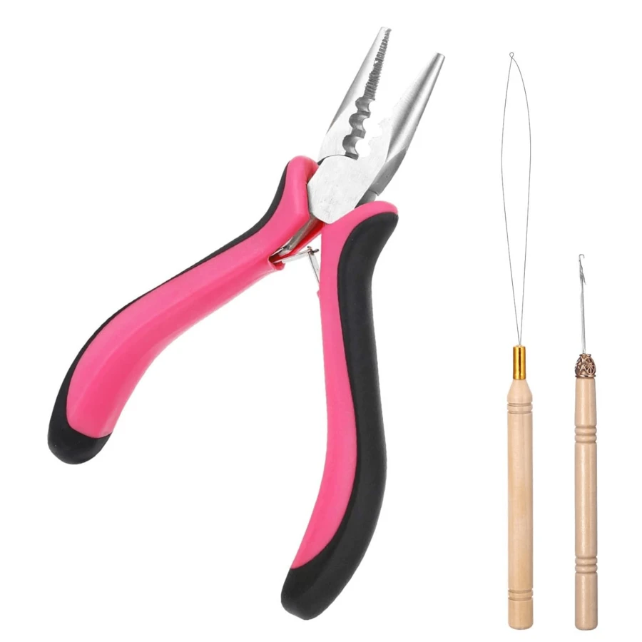 Hair Extension Tools Kit, 3 Pcs Microlinks Beads Tools Pliers Loop Needle Pulling Hook Tool 3-Hole Micro Links Hair Extensions Kit For Micro And Nano Ring Hairs Extensions Or Removal