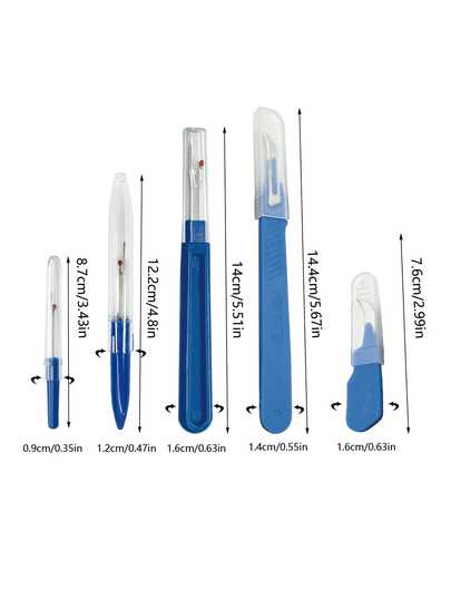 5pcs Blue Sewing Ripper Set (Seam Ripper/Awl), Easy Unpick, Plastic Handle Needlework Tools, Suitable For Handmade Crafts Unstitching In Various Steps