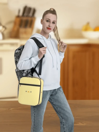 1个黄色小鸭脸极简艺术印花保温午餐袋，便携式可重复使用保冷袋，适用于家庭/餐厅/办公室 - 男女通用