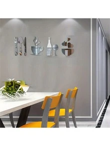 14pcs/Set Modern 3D Acrylic Mirror Wall Stickers: Forks, Spoons, Bowls, Tea Cups, Bottles, Wine Glasses - DIY Detachable Mural Stickers Suitable For Kitchen, Living Room, And Dining Room Decoration - 14-piece Dining Table Set - View 3