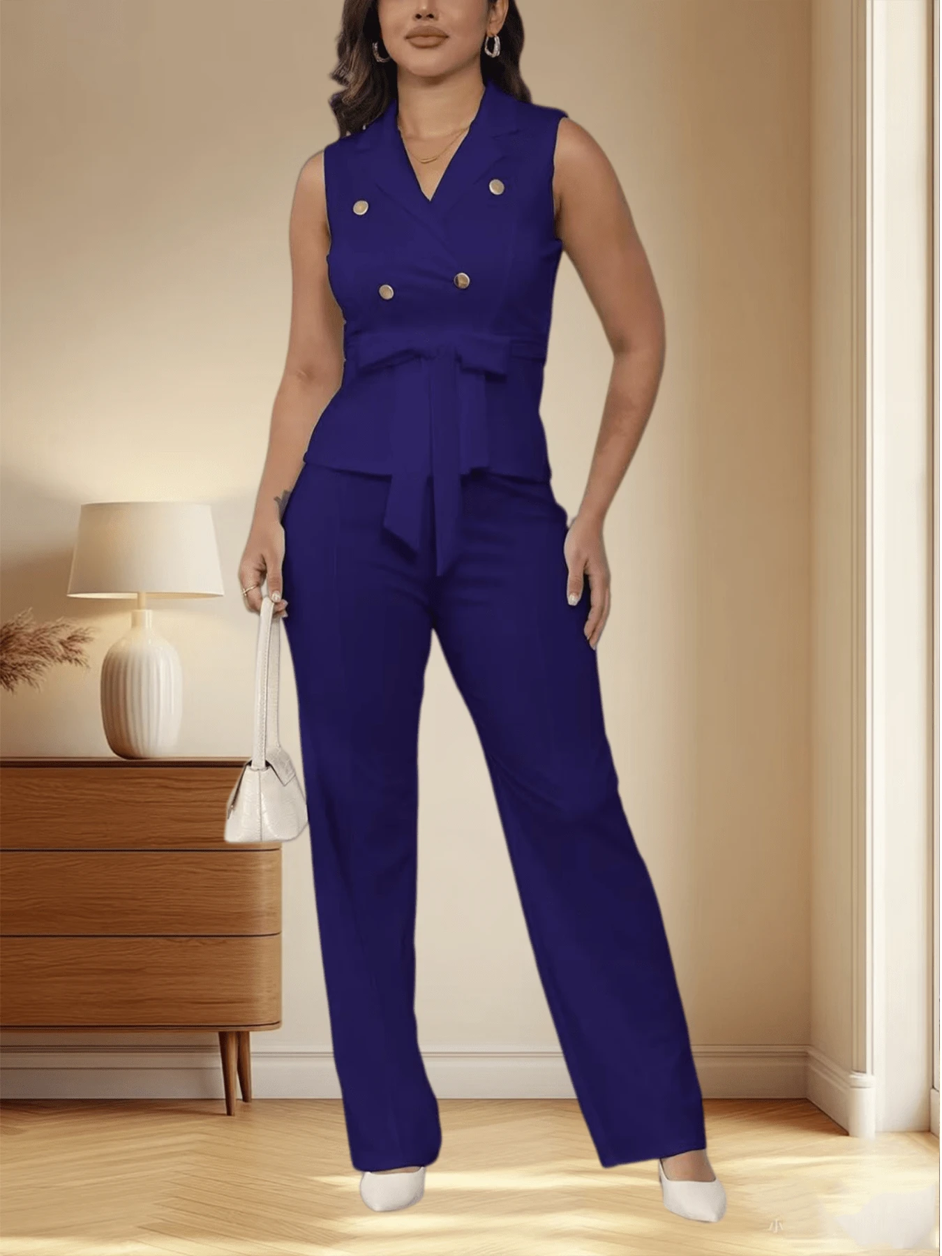 CALEBGAR Women's Business Suit 2 Piece Set, V Neck Sleeveless Belted Vest & Straight Leg Pants, Office Workwear Outfit - 紫色 - 查看 1