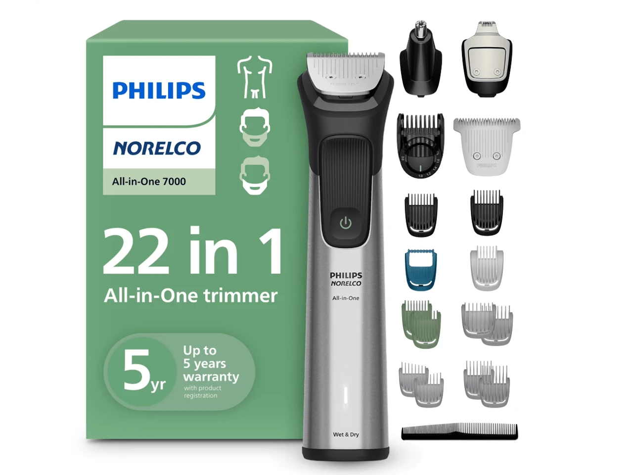 Philips Norelco All-In-One 7000 Series 22-Piece Trimmer - Electric Shaver And Clipper For Face, Beard, Hair & Body, Self-Sharpening Full Metal Blades, 25 Length Settings (0.5-16 Mm), MG7965/49 - 銀色 - 查看 1