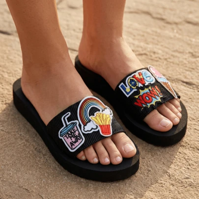 New Arrival Hand Embroidered Splicing Rainbow Letter Women's Shoes,Non-Slip Women's Slide Sandals Indoor And Outdoor Flats Slippers
