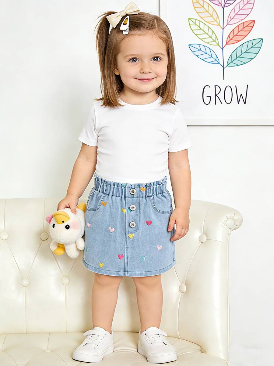 女婴不对称心形刺绣荷叶边下摆牛仔裙