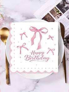 20张/40张粉色蝴蝶结婴儿派对纸巾，一次性派对餐巾纸，女宝宝派对餐具，生日快乐餐巾纸 - 彩色 - 查看 4