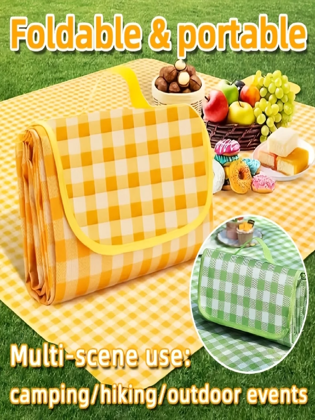 1pc 59" X 78" Yellow Plaid Picnic Blanket, Large Sand-Proof Waterproof Beach Mat, Suitable For Camping, Portable Foldable Lightweight Travel Rug, Ideal For Park Outing, Beach Trip, Barbecue And Other Outdoor Activities