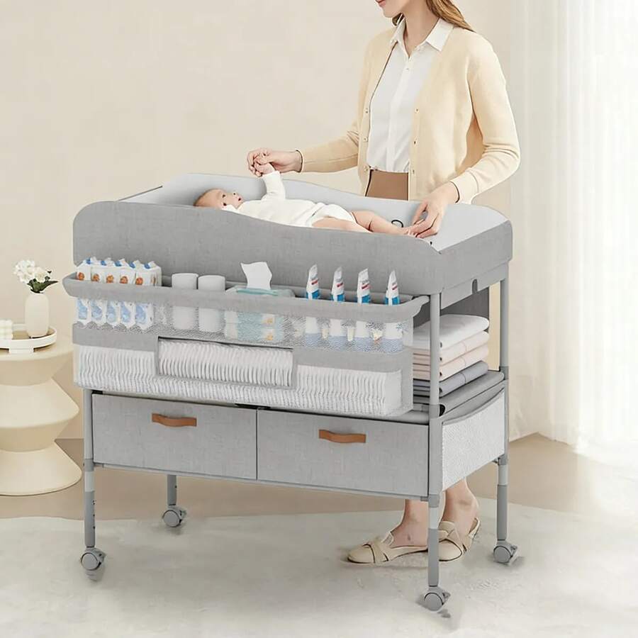 Cambiador De Bebé Portátil Con Estante Giratorio Plegable Gris