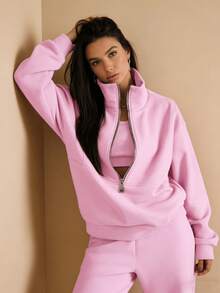 Spring  Pink Essential Half-Zip Stand Collar Pink Two-Piece Set, Relaxed Fit Loungewear For Daily Wear, Versatile Outfit For Casual Errands And Lounging    /Swimsuits For Woman  /Summer Outfits For Women - Hồng - Xem 7