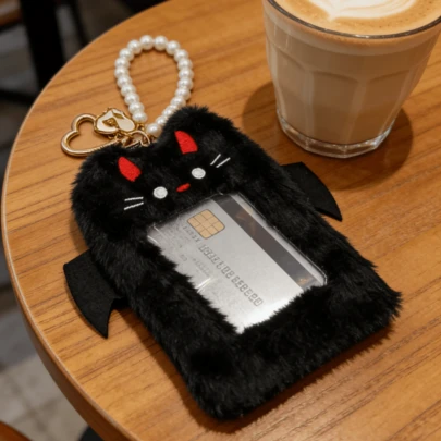 1 Móc khóa hình quỷ đen dễ thương kèm túi xách và vòng tay ngọc trai, mặt dây chuyền hình quỷ hoạt hình Kawaii, phụ kiện túi xách thời trang sáng tạo.