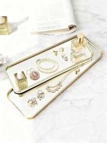 1 pieza Elegante bandeja de almacenamiento rectangular de vidrio dorado (disponible en tamaños pequeño, mediano y grande), superficie de espejo de vidrio de alta definición, estilo nórdico de lujo, material de aleación de aluminio y vidrio - Estantería de almacenamiento multifuncional, bandeja de exhibición de gran capacidad, bandeja para joyas, caja de almacenamiento de cosméticos, aromaterapia, portavelas, joyas, cosméticos - rectángulo - Ver 5