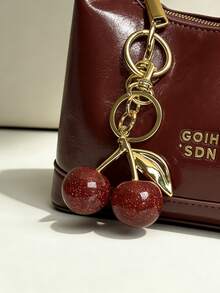 New Fashion Versatile Glossy Leather Lock Cherry Pendant Design Casual Crescent Adjustable Shoulder/Crossbody Handbag - Burgundy - View 3