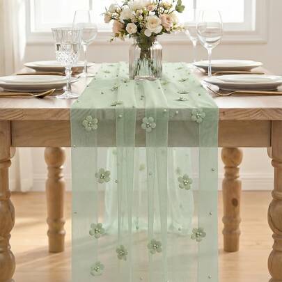 Sage Green Flower Pearl Green Gauze Table Runner, Ideal For Seasonal Dining, Holiday Celebrations, Weddings, Birthdays, And Bridal Showers, Perfect Table Decoration For Home Parties