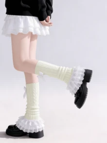 1 Pair Black/White Sweet Bowknot Lace Ruffle Lolita Leg Warmers, Spring/Summer New Arrival - Multicolor - View 3