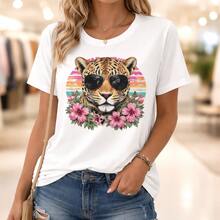 Camiseta de algodón para mujer con estampado de leopardo y diseño floral con gafas de sol, ideal para uso diario o como camiseta conmemorativa para amigos o seres queridos. También es adecuada como suéter. Entrega rápida. - Blanco - Ver 6