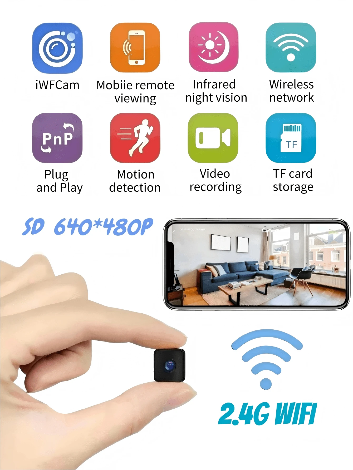 1pc Mini Square Camera, Home Security Camera, Portable Hidden Camera, 480P HD, Infrared Night Vision Wireless WiFi Camera, Built-In Hotspot, Loop Recording, 450mAh Long-Lasting Battery, 2.4G Network Only, HD Night Vision, Remote Monitoring, Motion Detection, SD Card Storage, Suitable For Home, Car, Office And Various Scenarios, 24/7 Online - Multicolor - View 1