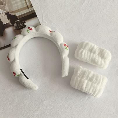 3pcs Cute Cherry Sponge Headbands, 1pc Headband, 2pcs Wristbands, Sweet Women Beauty Yoga Multifunctional Hair Accessories, Daily Wear Hair Decor