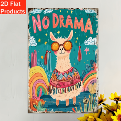 2D Flat, 1pc No Drama Llama Vintage Iron Decorative Sign & Figurine - Colorful Desert Design, Suitable For Home Decor, Kitchen, Dining Room, Bedroom, Garden, Bathroom, Garage, Hotel, Office, Bar, Room Decoration, Also Suitable For Christmas, Halloween Decor, Ideal Holiday Gift