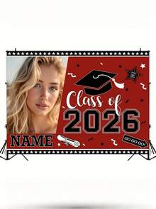 1pc - Customizable Graduation Season Backdrop Fabric, Customizable Name And Portrait. 2026 Graduation Celebration Red Theme Photography Background, Banner With Personalized Text And Graphics, Suitable For High School And College Classrooms, Cake Tables, Home Walls, Outdoor Decor. - Multicolor - View 7