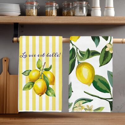 2条简约夏日柠檬图案厨房毛巾，柔软涤纶材质，适用于厨房装饰、清洁、节日派对装饰、厨房和浴室用品、家居装饰、乔迁礼物