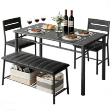 Juego de Comedor Moderno para Espacios Pequeños con Almacenamiento, Mesa + 2 Sillas + Banco, Cuero Suave, Estructura Metálica Reforzada, Ideal para Cocina y Apartamento Mexicano - Negro - Ver 6