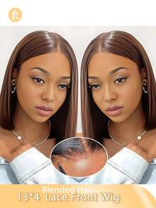 180% Density 13*4 Lace Front Blende Hair Wig (Bob Wigs 6-16inch Long Wigs 18-36 Inchs) Glueless Wig Long Straight Wig Preplucked Blende Hair Natural Hairline For Women Black/Brown/Burgundy/ Orange Color Blended Hair Is Made From Human Blende Hair Mixed With Synthetic Fibers And Protein Filaments - S4 - View 2