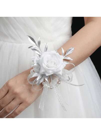 1pc White Artificial Rose Flower Corsage And Wrist Corsage, Elegant High-End Pearl Accessories, Pearl Bracelet, Suitable For Groom And Bride, Wedding, Father-In-Law, Mother-In-Law, Groomsmen, Bridesmaids, Graduation Ceremony, Engagement, Holiday Party
