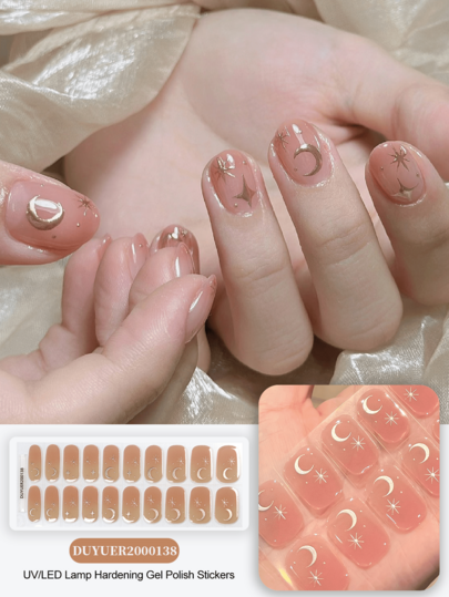 Halvhärdade gelnagelremsor (Classic French-L), vit fransk spets, 20 st. gelnagelfolie, klistermärken, UV-ljus krävs, salongskvalitet, långvarig