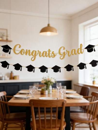 1 Set Graduation Banner, Congratulations Graduate Hanging Banner, Graduation Pennant, Class Of 2026 Graduation Banner, Graduation Yard Sign, Home Decor, Room Decor, Graduation Party Supplies, Graduation Celebration Party Decorations, Graduation Party Photography Backdrop, Graduation Decorations, Black And Gold Graduation Decorations, Graduation Gift