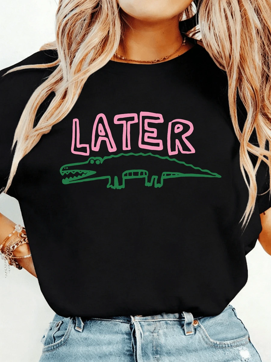 Women Later Gator Funny Crocodile Lightweight Tee, White Pink Breathable All Season Round Neck Top, Machine Washable Daily Playful Fashion Shirt - 黑色 - 查看 1