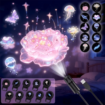 3/6/10pcs USB Dreamy Projection Night Light, USB 360 ° Rotating LED Projection Light, Suitable For Rose, Whale, Butterfly, Cloud, Heart, Planet, Feather Projection On Bedroom Walls And Ceilings, Home Decoration Atmosphere Light