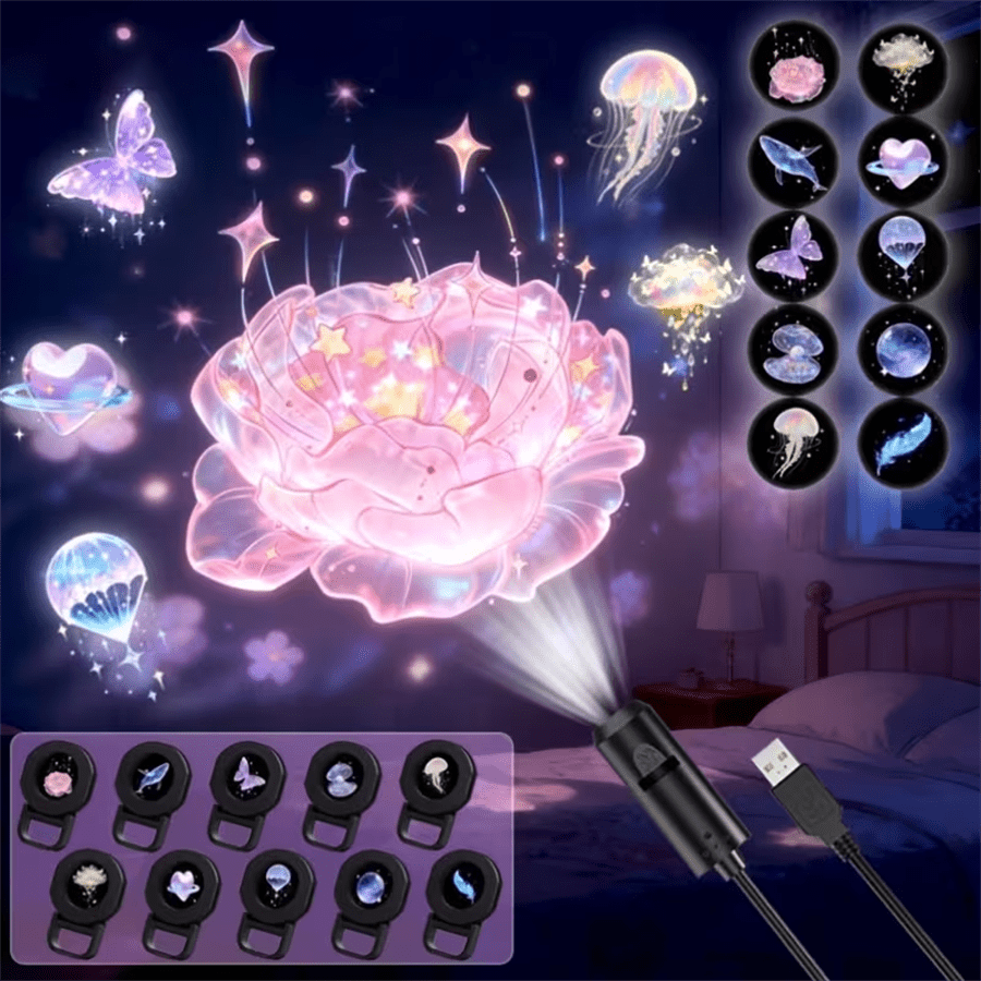 3/6/10pcs USB Dreamy Projection Night Light, USB 360 ° Rotating LED Projection Light, Suitable For Rose, Whale, Butterfly, Cloud, Heart, Planet, Feather Projection On Bedroom Walls And Ceilings, Home Decoration Atmosphere Light