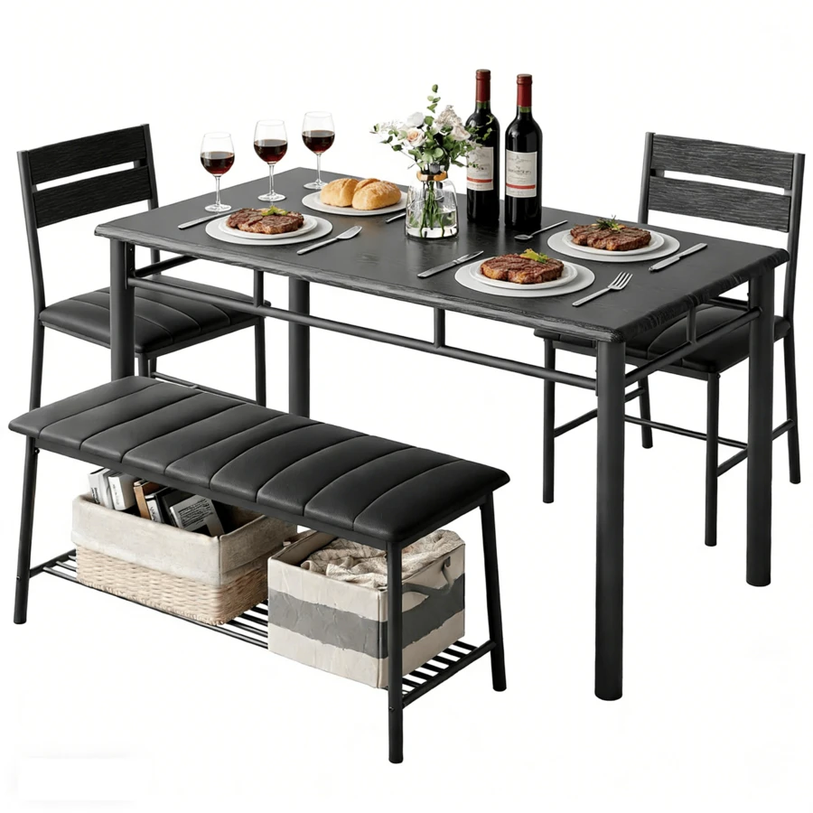 Juego de Comedor Moderno para Espacios Pequeños con Almacenamiento, Mesa + 2 Sillas + Banco, Cuero Suave, Estructura Metálica Reforzada, Ideal para Cocina y Apartamento Mexicano - Negro - Ver 1