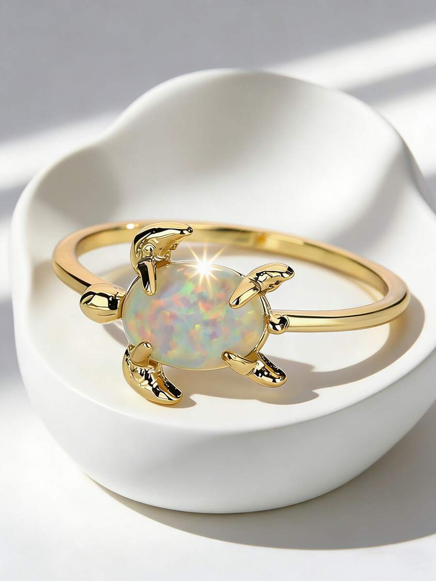 Charm-In Cute Turtle Design Opal Ring – Minimalist Gold Band, Perfect Birthday Or Anniversary Gift For Women - Gold - View 1