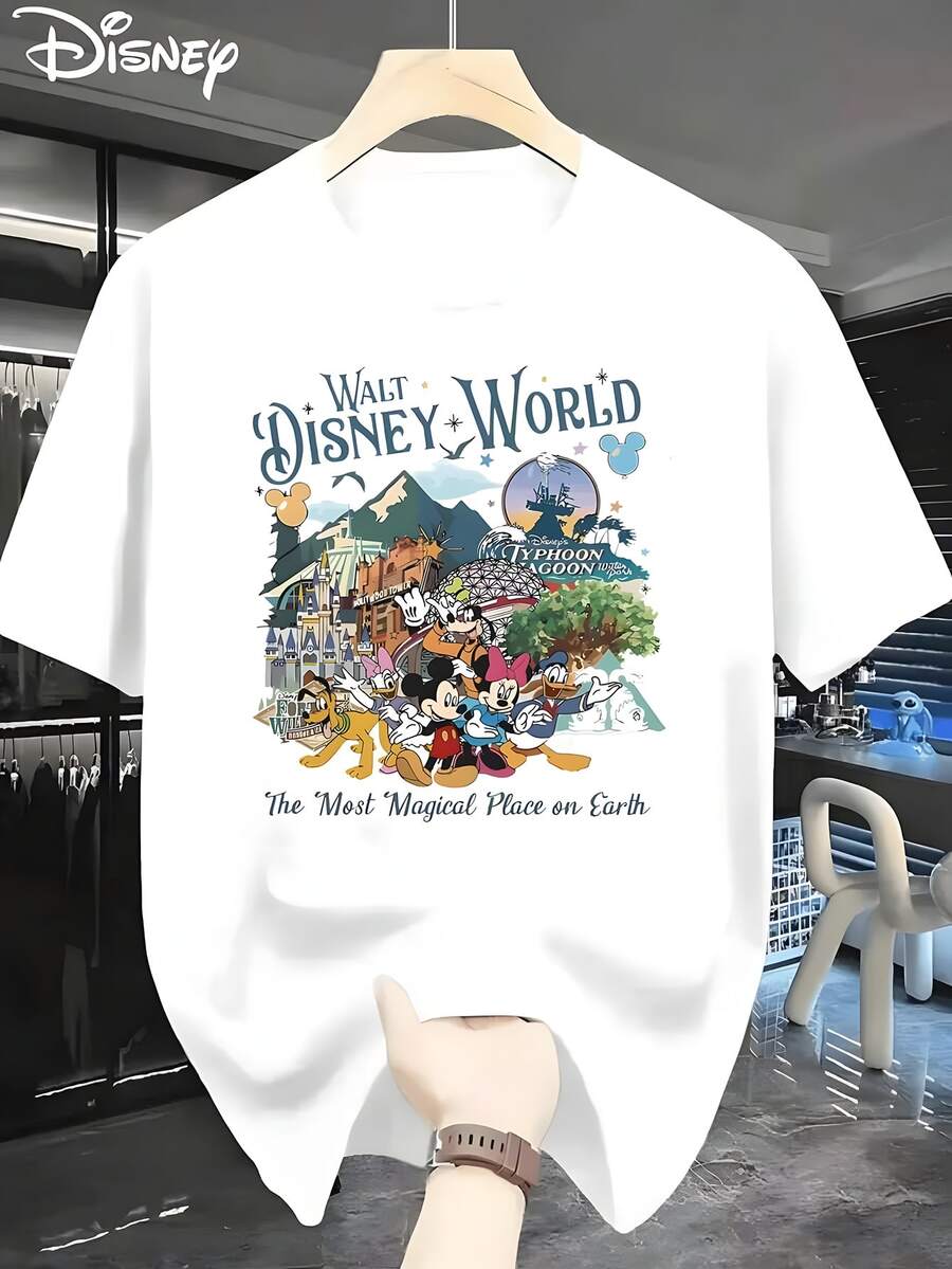 Authorized By Disney, Mickey Mouse, Minnie, Donald Duck, Disney's Classic Cartoon Image, Walt World, Cartoon Characters Printed Men's Fashion T-Shirt With Round Neck And Short Sleeves, Casual And Comfortable Shirts, Which Are Very Suitable For Home And Outdoor Activities. - White - View 1