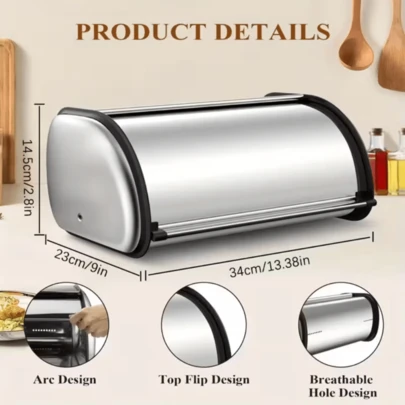 1pc Of Bread Storage Container Made Of 304 Stainless Steel Featuring A Flip-Top Lid, Spacious Design, And Perfect For Storing Loaves, Bagels, And Muffins On Kitchen Countertops