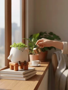 笑脸多肉植物盆栽：一款独特的笑脸造型多肉植物盆栽，底部没有排水孔。这款趣味十足、别具一格的多肉植物盆栽适合室内外装饰。 - 彩色 - 查看 8