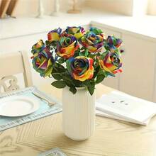 10pcs Artificial Rainbow Roses, Long Stem Silk Rainbow Flowers, Multicolor Roses, Suitable For Home, Wedding, Bathroom, Kitchen Decor (Multicolor) - Multicolor - View 6