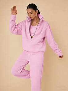 Spring  Pink Essential Half-Zip Stand Collar Pink Two-Piece Set, Relaxed Fit Loungewear For Daily Wear, Versatile Outfit For Casual Errands And Lounging    /Swimsuits For Woman  /Summer Outfits For Women - Hồng - Xem 9