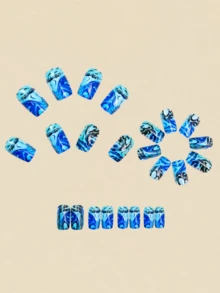 24片蓝色大理石纹美甲贴片美甲用品假指甲美甲艺术Y2K方形指甲 - 藍色 - 查看 4