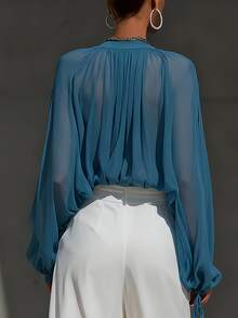 Women's Chiffon Long Sleeve Blouse, Deep V-Neck Semi-Sheer Top, Suitable For Formal Occasions Spring - Navy Blue - View 2