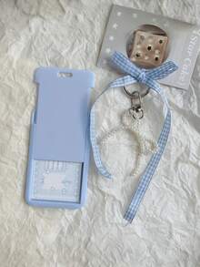 Blue Card Holder Sliding Plaid Ribbon Faux Pearl Pendant,With Detachable And Wiping Sliding Cover, Keychain,Meal Card Id Card Id Card And Bus Card Protective Cover, Office School Certificate Protective Cover, And Detachable Hanging Rope/Pendant - Heavy-Duty Transparent Card Holder - Multicolor - View 5