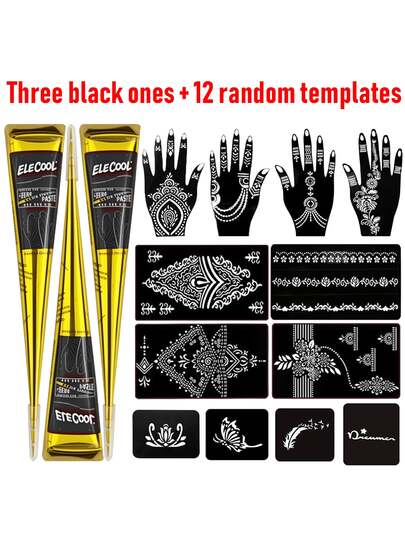 3pcs Henna Cones + 12 Random Reusable Stencil Templates | Pre-Mixed Natural Mehndi Paste For Temporary Body Art | Waterproof, Smudge-Proof, Long Lasting | Beginner Friendly DIY Kit For Parties, Festivals, Halloween, Weddings