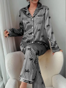 Dreamivo 2pcs/Set Women's Black Striped Long Sleeve Pajama Set - Black - View 5
