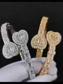 Luxury Iced Out Double Heart Bangle, Bridal Wedding & Banquet Jewelry, Elegant Sparkling Bracelet For Ladies - The Queen's Exclusive Bracelet - View 5