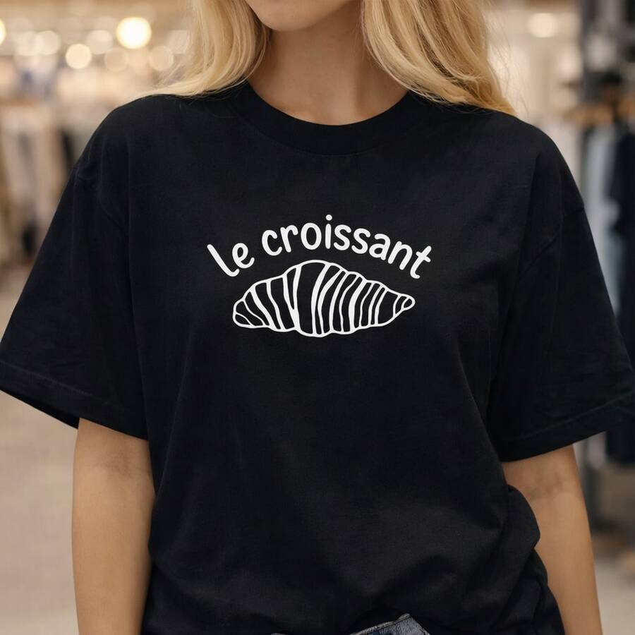 Camiseta de algodón para mujer con estampado Le Croissant, blanca, holgada, de manga corta, informal, para uso diario o como camiseta conmemorativa para amigos o seres queridos. También es adecuada como suéter. Entrega rápida. - Negro - Ver 1