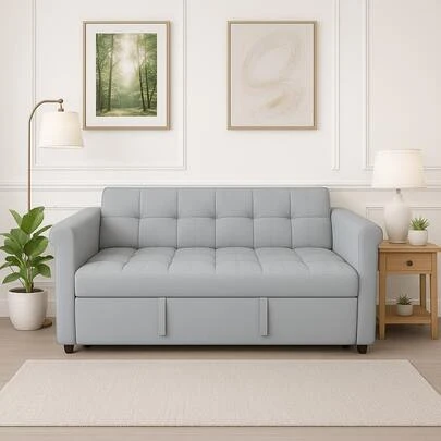 SOFÁ CAMA CONVERTIBLE DE TERCIOPELO PARA 2 PERSONAS – SOFÁ CAMA EXTRAÍBLE GRIS CON BOLSILLO LATERAL, DISEÑO COMPACTO PARA ESPACIOS PEQUEÑOS, APARTAMENTOS, HABITACIONES DE INVITADOS