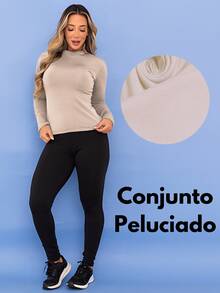 Women's Winter Thermal Sports Set, Base Layer Top, Fleece Leggings, Fleece-Lined Fitness Pants, Tarelles - 米色 - 查看 6