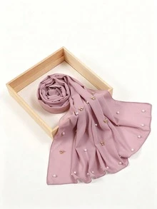1pc Women's Solid Color Chiffon Long Scarf With Pearl Decor Chiffon Headscarf For Dress - Burgundy - View 9