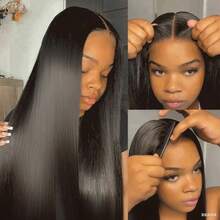 200% 密度酒红色直发假发，预拔毛蕾丝假发，28 英寸隐形绑带 13x4 蕾丝前额抽绳假发，34 英寸黑色假发，13x4 透明蕾丝前额真人发混纺假发，女士款 - 自然色&黑色系 - 查看 6